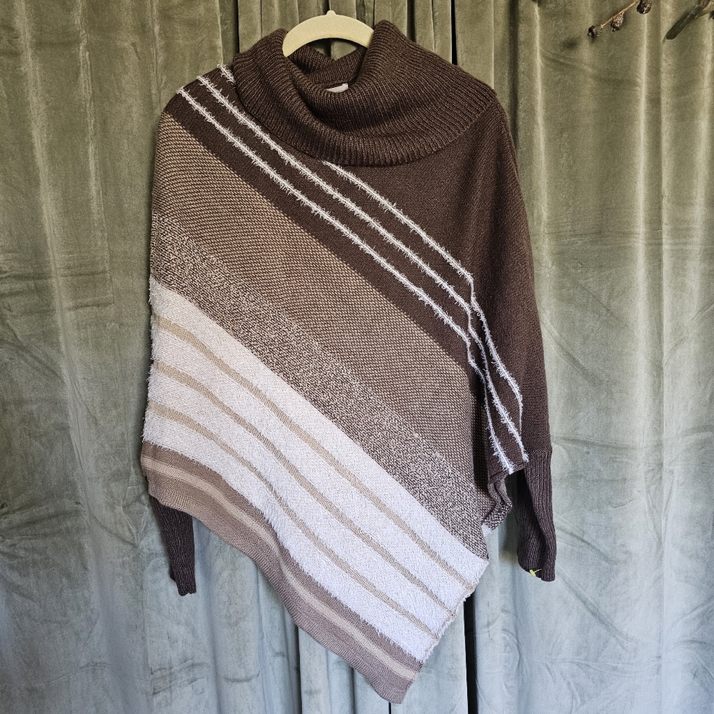 y2k Latte Girl McBling Western Preppy Brown, Cream Striped Turtleneck Poncho